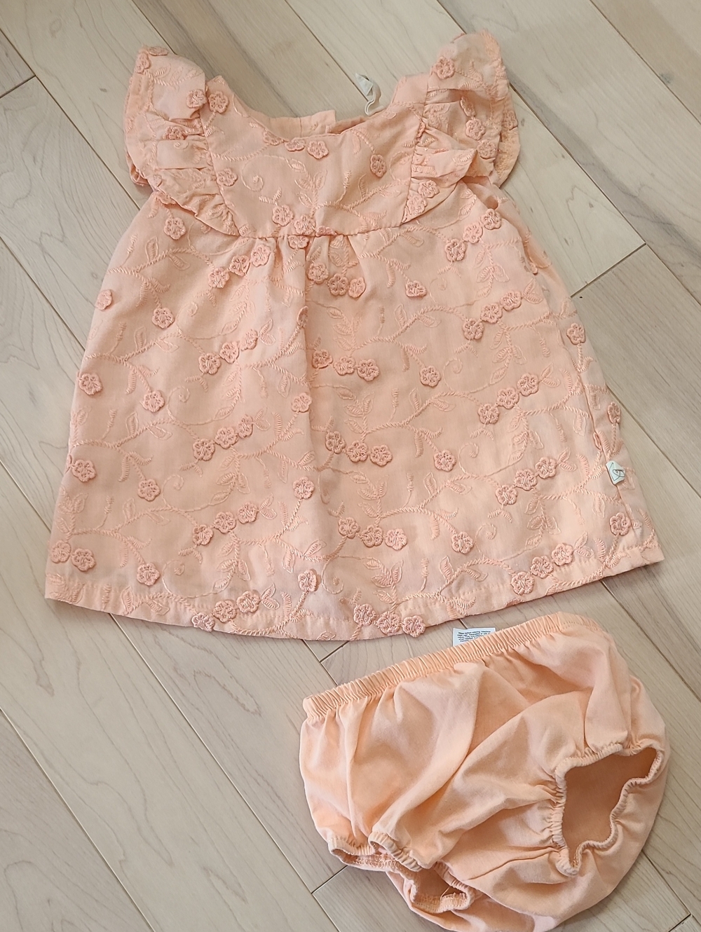 Peach Floral Appliqué Girls Dress with Matching Bloomers
